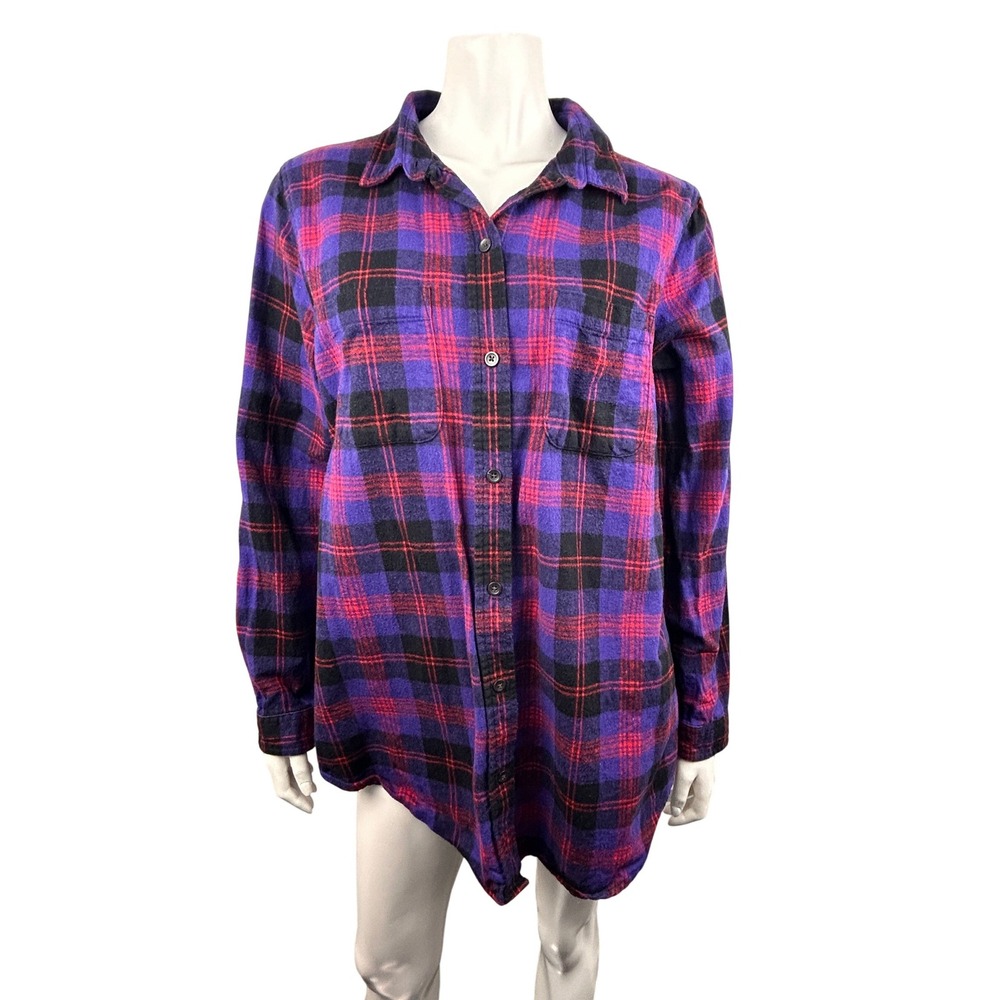 L.L.Bean Flannel Shirt Womens Large Purple Tartan Plaid Relaxed Fit Cotton